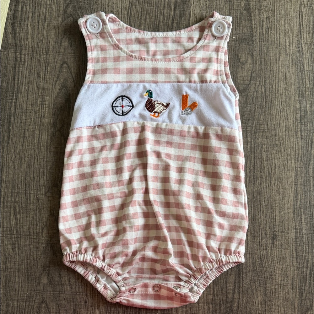 Gingham Baby Romper with Duck Embroidery - Pink & White